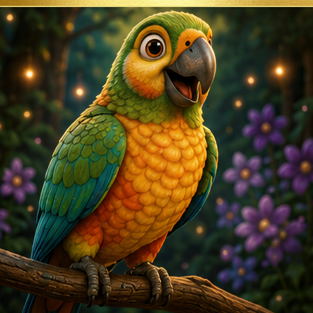 Pip, a colorful green and orange parrot perched on a mossy branch