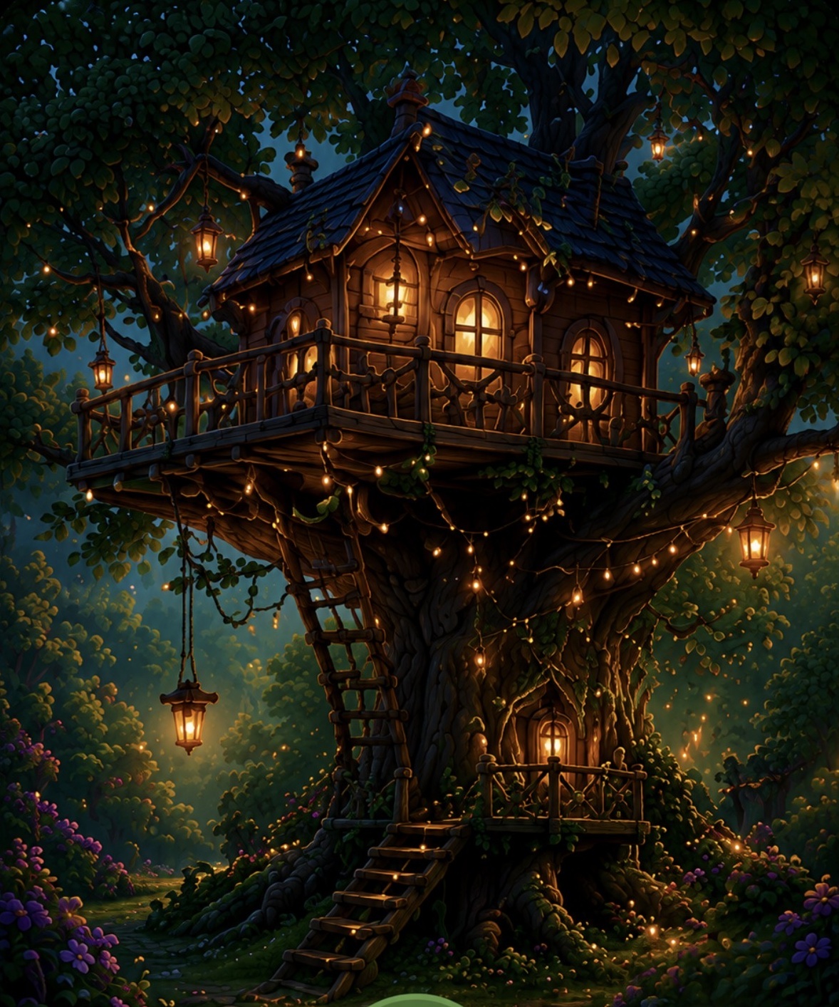 A lantern-lit wooden treehouse in an enormous magical tree above a flowering forest path
