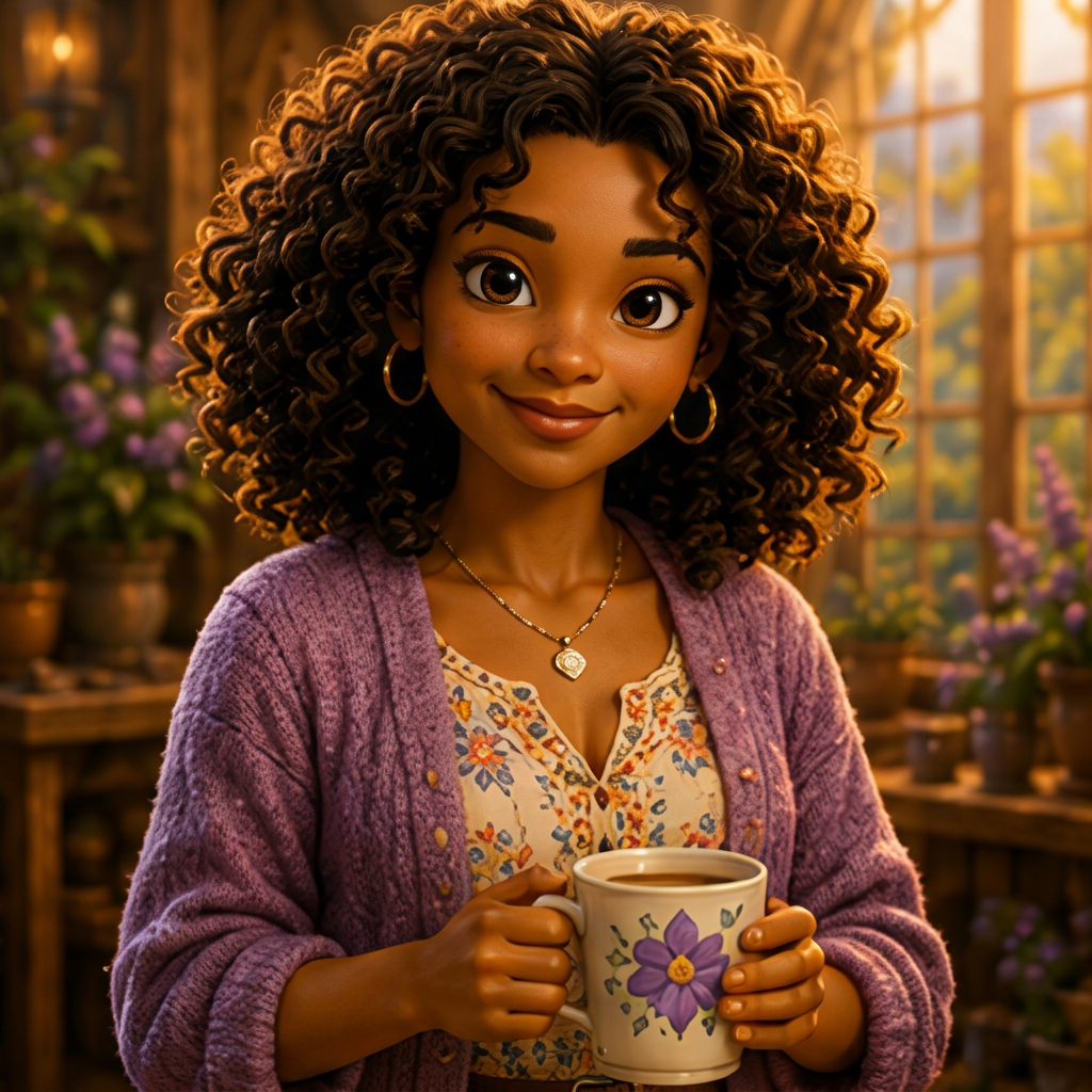 Maya, Ana's mother, a woman with long dark curly hair in a lavender cardigan holding a mug