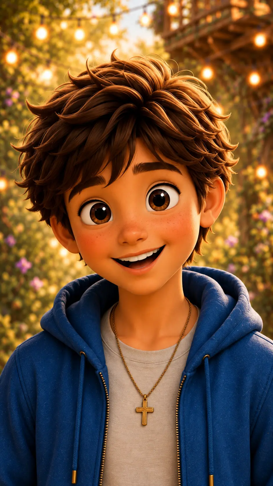 Chase, a nine-year-old boy with tousled dark brown hair and a blue hoodie with a backpack