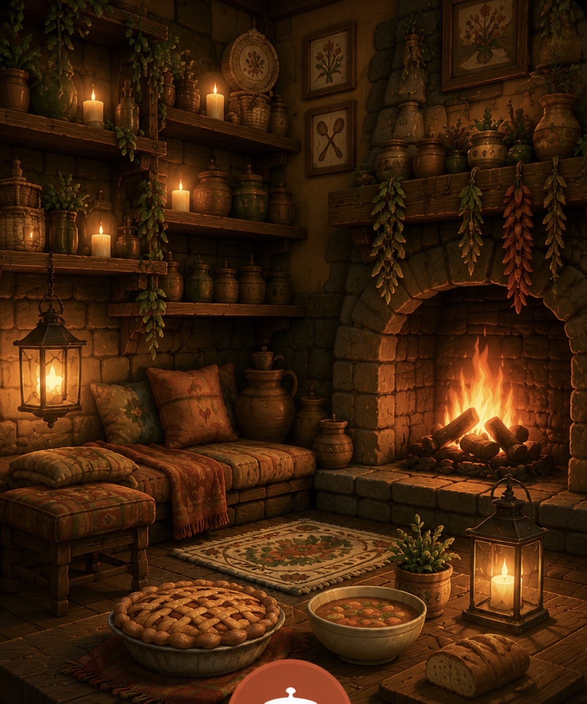 A cosy stone cottage room with a lit fireplace, candles, hanging herbs, cushions and homemade food