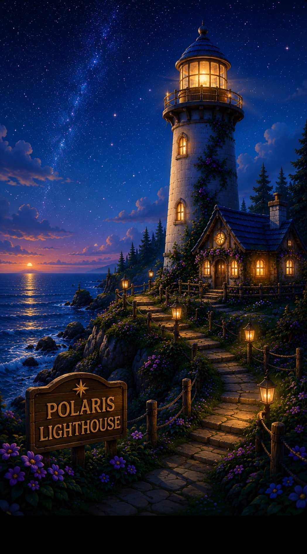 A glowing lighthouse and cottage on a rocky coast beneath a starry sky at sunset