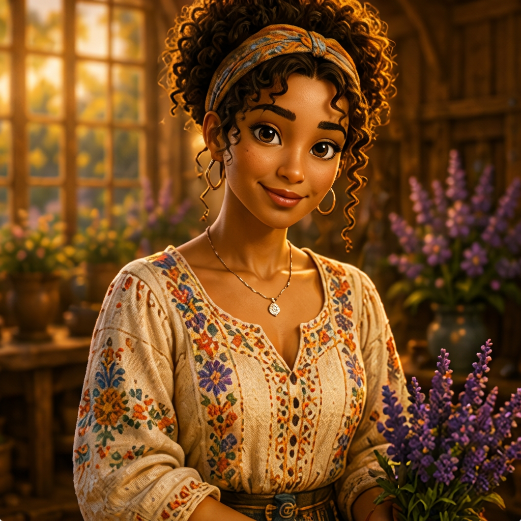 Andrea, Chase's mother, a woman with curly dark hair in an embroidered blouse holding lavender