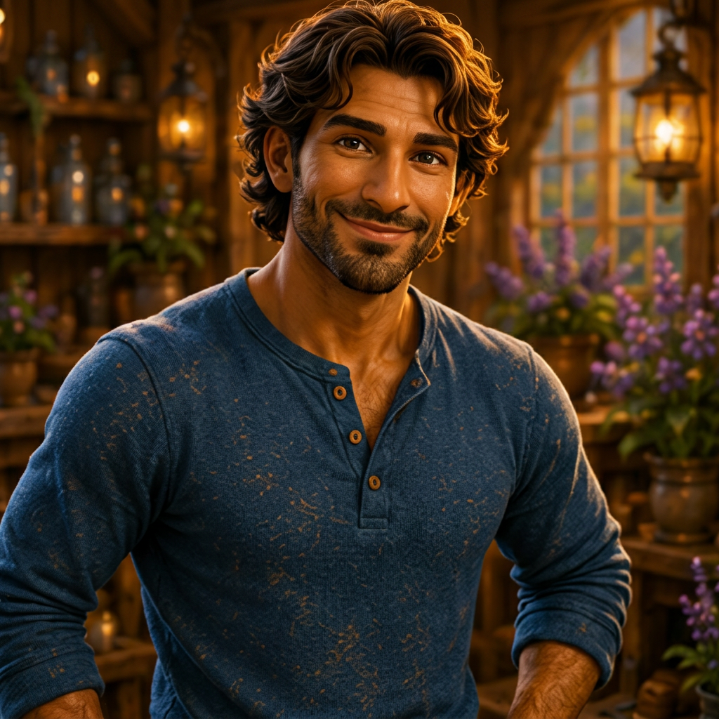Alex, Ana's father, a man with dark wavy hair in a blue shirt and work belt