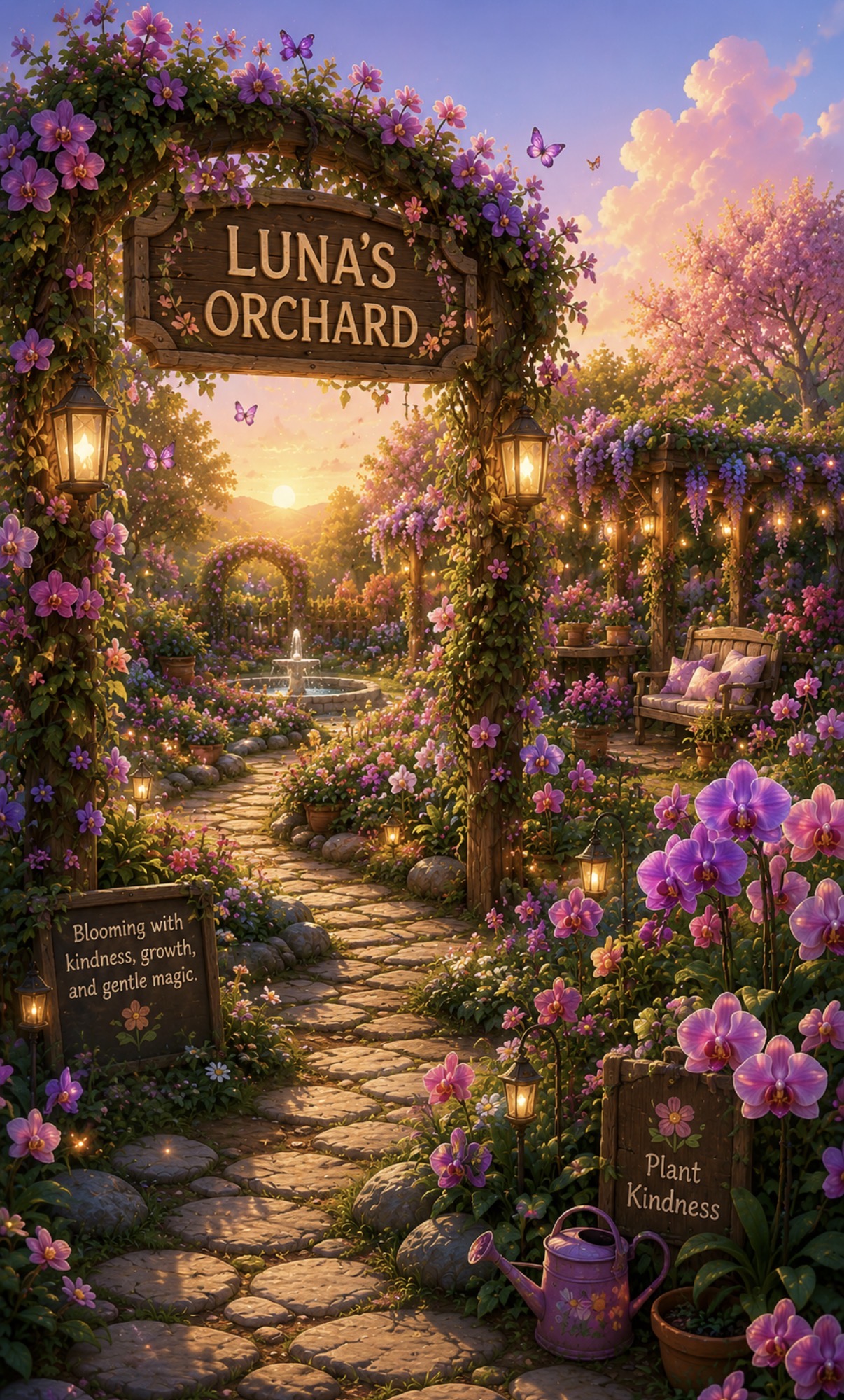 Luna's Orchard entrance with a wooden sign, flower-covered archway, glowing lanterns, winding stone path, fountain and pink flowering trees at golden sunset
