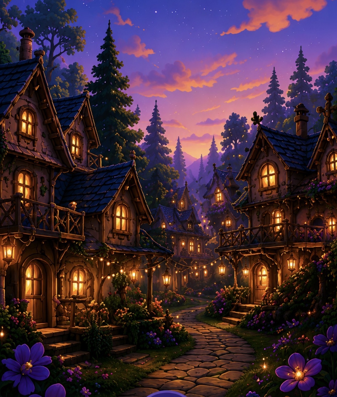 Storybook village of glowing cottages along a winding stone path under a purple and gold twilight sky