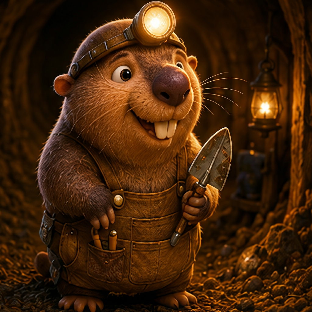 Moe, a friendly mole rat in overalls and goggles holding a digging trowel