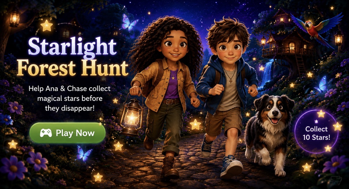 Starlight Forest Hunt cover art: Ana and Chase run down a glowing forest path with Bella the dog and Pip the parrot