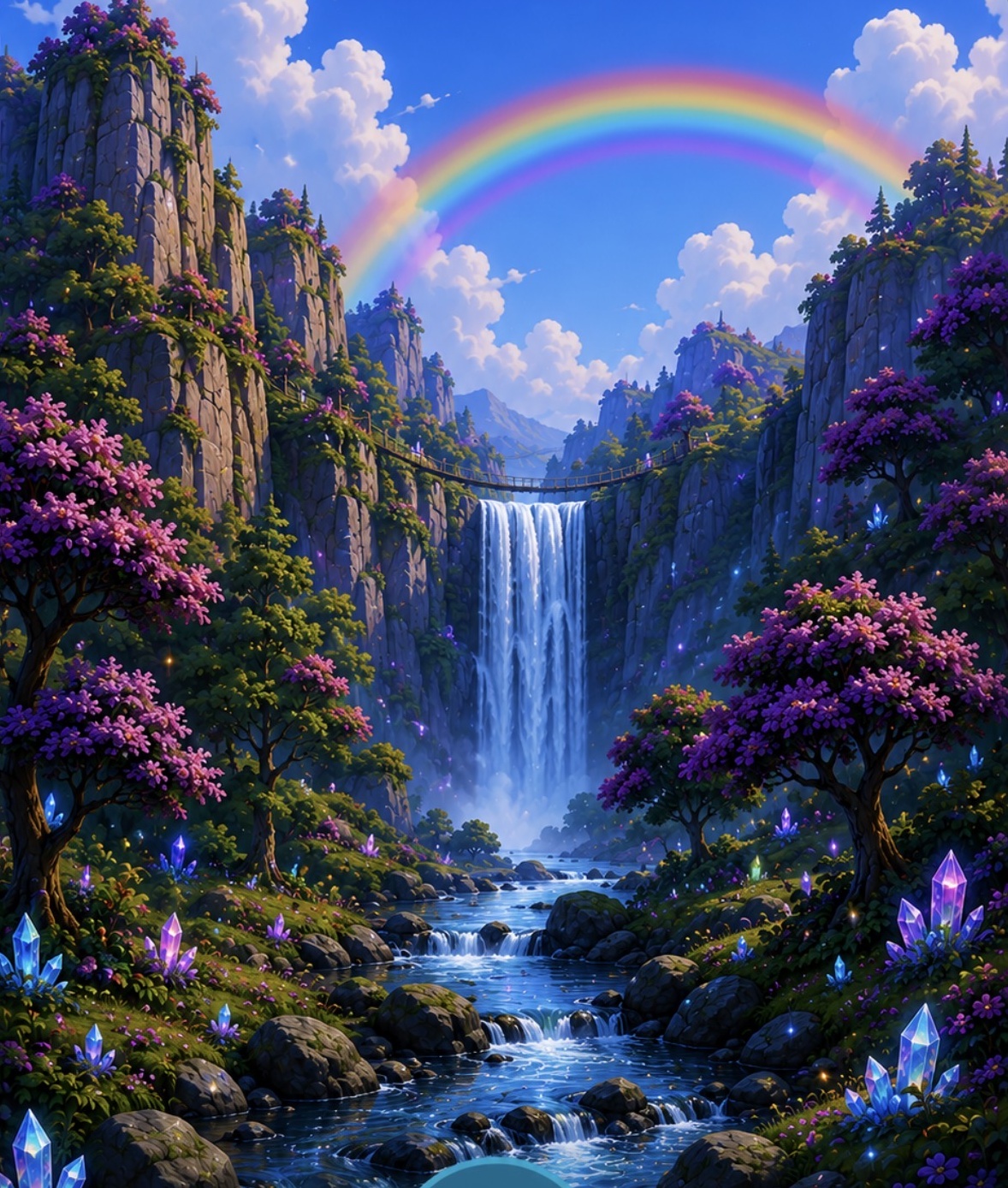 A huge waterfall and sparkling river below a rainbow, with flowering trees and glowing crystals