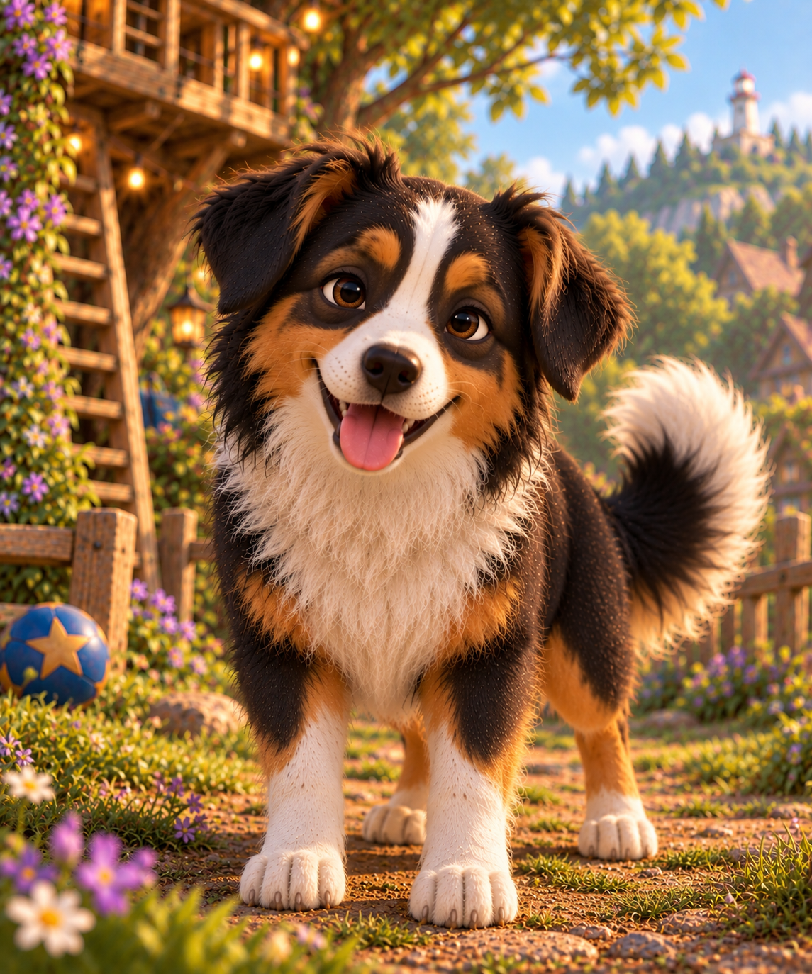 Bella, a happy tricolor shepherd dog with a purple collar and star tag