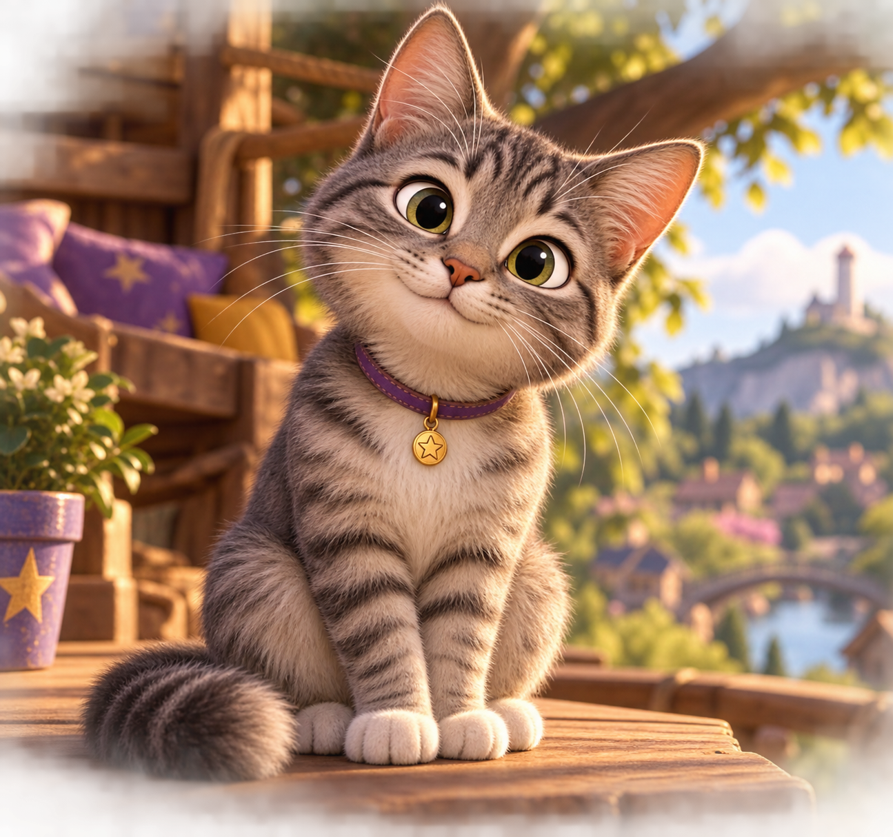 Sunny, a gray tabby cat with green-gold eyes and a purple collar with a gold star tag