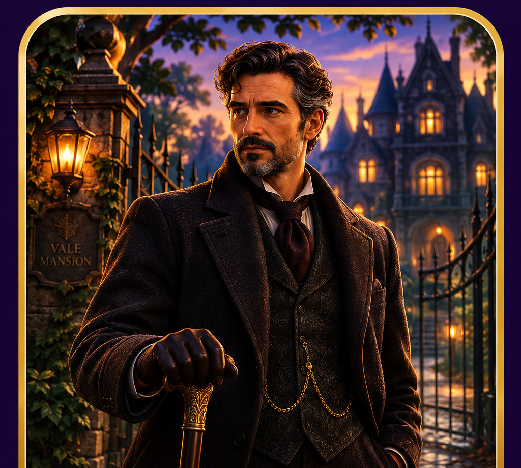 Charles Vale, a distinguished man with dark wavy hair touched with silver, a neat beard and a dark coat standing before the gates of Vale Mansion at twilight