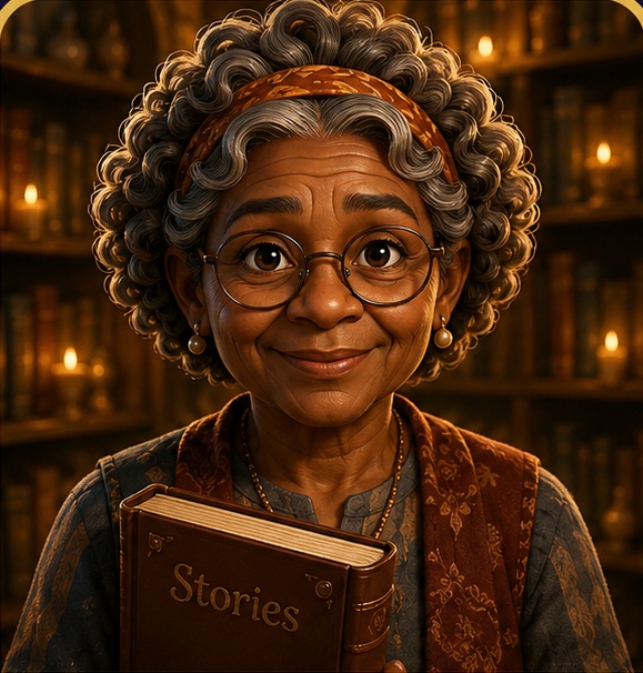 Auntie Velma, a kind elderly woman with silver curly hair and glasses holding a Starfire storybook