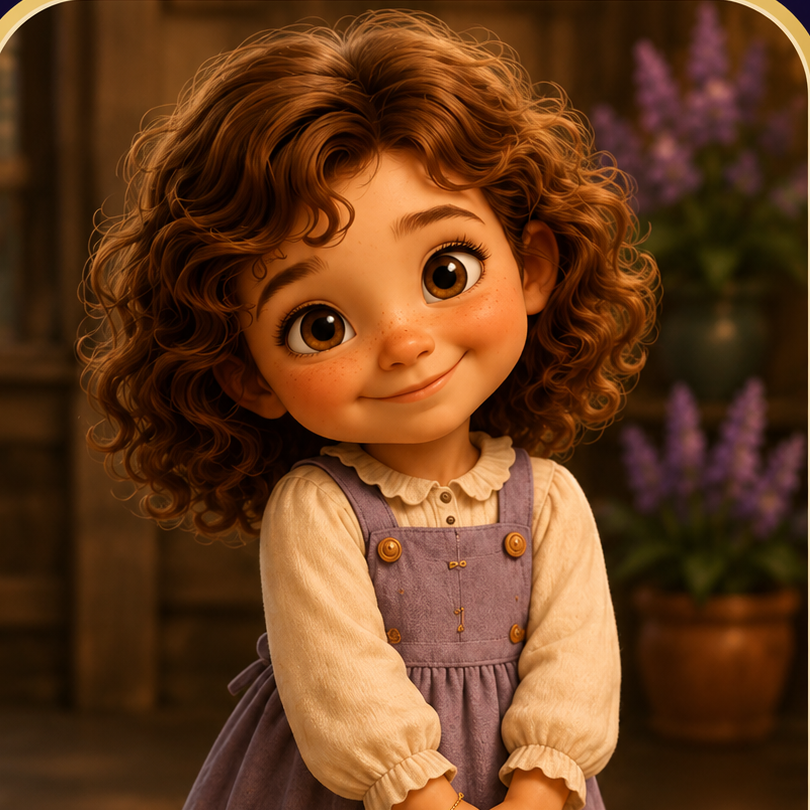 Clara, a 3-year-old girl with warm fair skin, rosy cheeks, light freckles, large warm-brown eyes and thick medium-brown curly hair, wearing a cream blouse and dusty-lavender pinafore dress