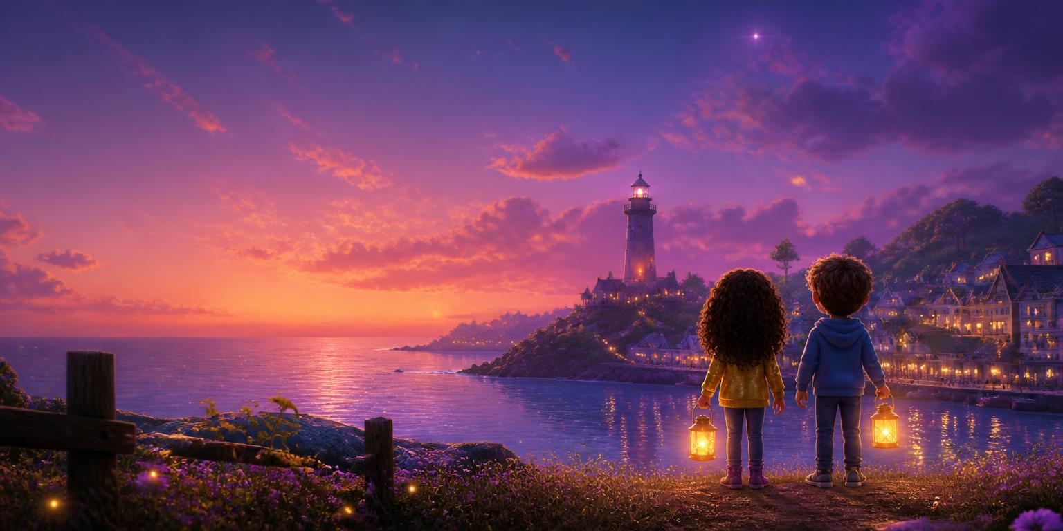Ana and Chase looking out over Starfire Haven at sunset with the Polaris Lighthouse glowing