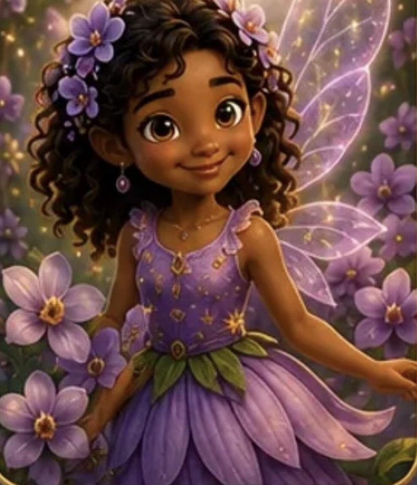 Luna, a gentle orchid fairy with purple wings surrounded by flowers
