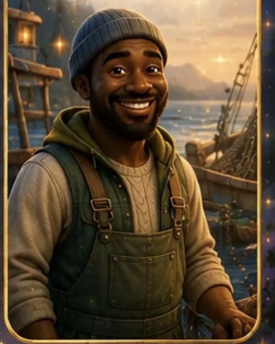 Rex, a smiling fisherman in a beanie and green overalls by the sea